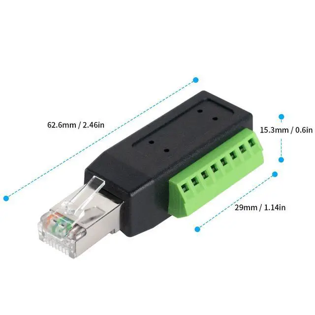 Alt view image 7 of 7 - Vszerda RJ45 Screw Terminal Breakout Board Adapter, 90 Degree RJ45 Screw Terminal Connector, Network Ethernet Adapter 8P8C Male to 8 Pin AV Extender for CCTV, Cat5, Cat6 (2-Pack)