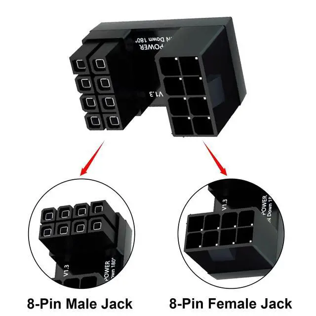 Alt view image 2 of 7 - Vszerda 180 Degree GPU 8 Pin Power Connector, U Type ATX 8Pin Male to Female Graphics Card Power Header Adapter for Desktop (Down Angle), 2-Pack