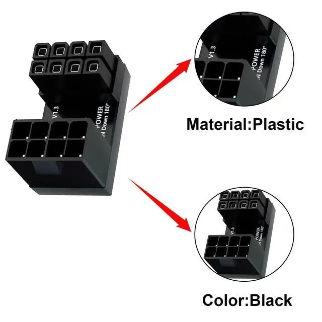 Alt view image 6 of 7 - Vszerda 180 Degree GPU 8 Pin Power Connector, U Type ATX 8Pin Male to Female Graphics Card Power Header Adapter for Desktop (Down Angle), 2-Pack