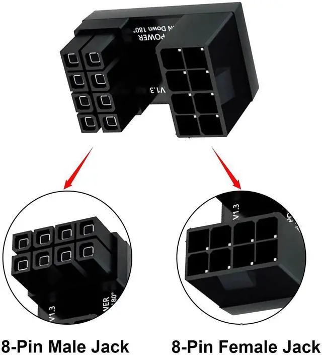 Alt view image 2 of 7 - Vszerda U Type 180 Degree ATX 8Pin Male to Female GPU Graphics Card Power Header Connector Adapter for Desktops Graphics Card (Up Angle), 2pcs
