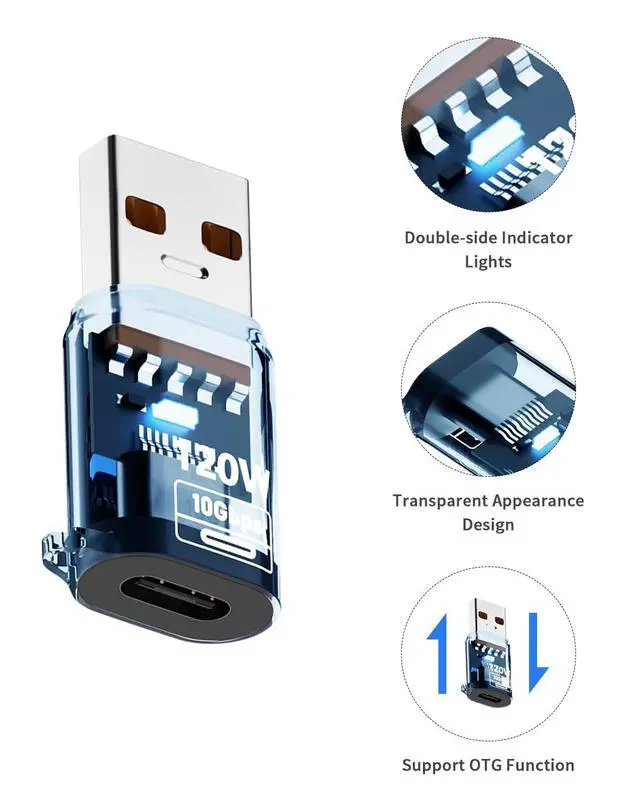 Alt view image 5 of 7 - Vszerda 10Gbps USB C Female to USB A Male Adapter 120W, USB 3.2 Type C to Type A Charger OTG Converter Transparent Compatible for iPhone 11 12 13 14 15 Pro Max, Galaxy S20 S22 S23, Earphone, Blue