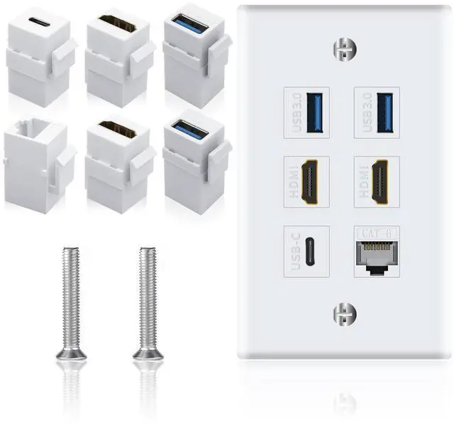 Main image of Vszerda Outlet Wall Plate for HDMI Ethernet & USB 3.0 & Type C, 6Port 2x HDMI HDTV + 2x USB 3.0 +1x Cat6 RJ45 Ethernet + 1x Type C Keystone Connector for Cable Wall Plate Cover, White