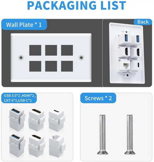 Alt view image 2 of 7 - Vszerda Outlet Wall Plate for HDMI Ethernet & USB 3.0 & Type C, 6Port 2x HDMI HDTV + 2x USB 3.0 +1x Cat6 RJ45 Ethernet + 1x Type C Keystone Connector for Cable Wall Plate Cover, White
