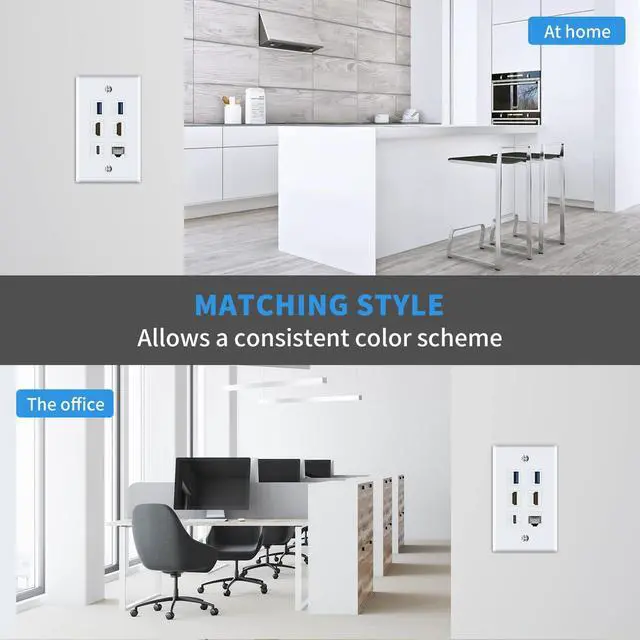 Alt view image 3 of 7 - Vszerda Outlet Wall Plate for HDMI Ethernet & USB 3.0 & Type C, 6Port 2x HDMI HDTV + 2x USB 3.0 +1x Cat6 RJ45 Ethernet + 1x Type C Keystone Connector for Cable Wall Plate Cover, White
