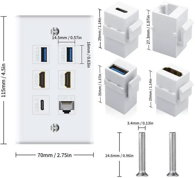 Alt view image 5 of 7 - Vszerda Outlet Wall Plate for HDMI Ethernet & USB 3.0 & Type C, 6Port 2x HDMI HDTV + 2x USB 3.0 +1x Cat6 RJ45 Ethernet + 1x Type C Keystone Connector for Cable Wall Plate Cover, White
