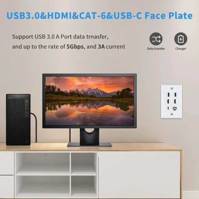 Alt view image 7 of 7 - Vszerda Outlet Wall Plate for HDMI Ethernet & USB 3.0 & Type C, 6Port 2x HDMI HDTV + 2x USB 3.0 +1x Cat6 RJ45 Ethernet + 1x Type C Keystone Connector for Cable Wall Plate Cover, White