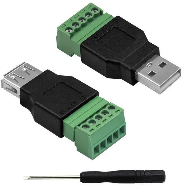 Main image of Vszerda USB 2.0 A Screw Terminal Block Connector, USB 2.0 A Male Female Plug to 5 Pin/Way Female Bolt Screw terminals Adapter Connector Breakout Board Converter, 2-Pack