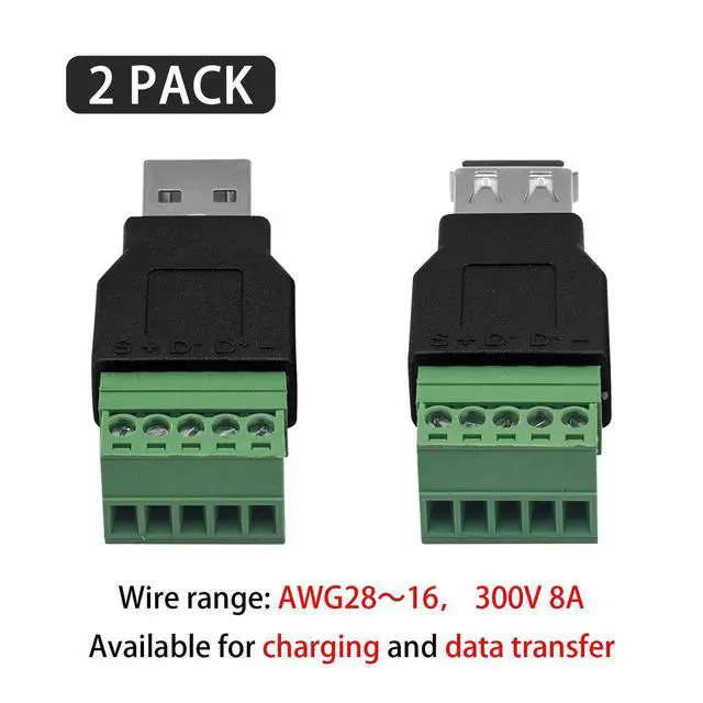 Alt view image 2 of 6 - Vszerda USB 2.0 A Screw Terminal Block Connector, USB 2.0 A Male Female Plug to 5 Pin/Way Female Bolt Screw terminals Adapter Connector Breakout Board Converter, 2-Pack