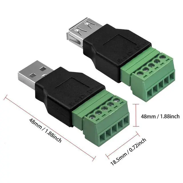 Alt view image 5 of 6 - Vszerda USB 2.0 A Screw Terminal Block Connector, USB 2.0 A Male Female Plug to 5 Pin/Way Female Bolt Screw terminals Adapter Connector Breakout Board Converter, 2-Pack
