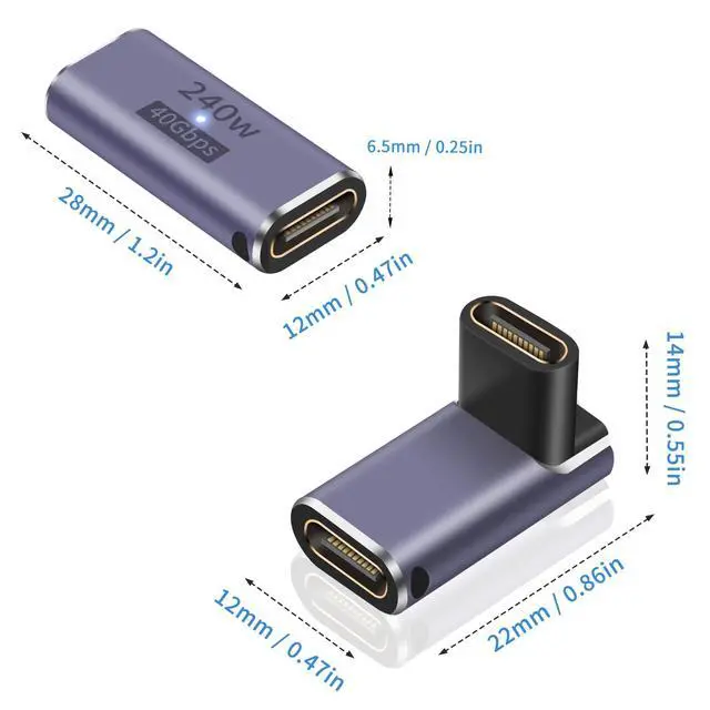 Alt view image 7 of 7 - Vszerda USB C Female to Female Adapter, USB C Coupler 240W, 40Gbps 90 Degree Type C Coupler with 8K Video Display Compatible for Thunderbolt 4/3, MacBook Pro and Phones (2Pack)