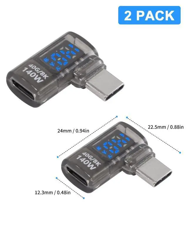 Alt view image 6 of 6 - Vszerda LED Display USB C Right Angle Adapter, 2Pack USB C 90 Degree Adapter 40Gbps 140W 8K@60Hz, Current Voltage Display Tester Type C Extender Compatible for Thunderbolt 4/3, MacBook, Laptop