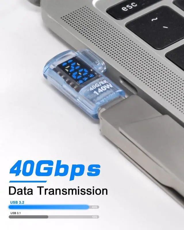 Alt view image 2 of 6 - Vszerda Right Angle USB C Adapter with Digital Display, 140W USB C Male to Female Adapter, 8K 40Gbps Type C to Type Connector with Voltage/Current/Power LED Display for MacBook, Phone,1-Pack