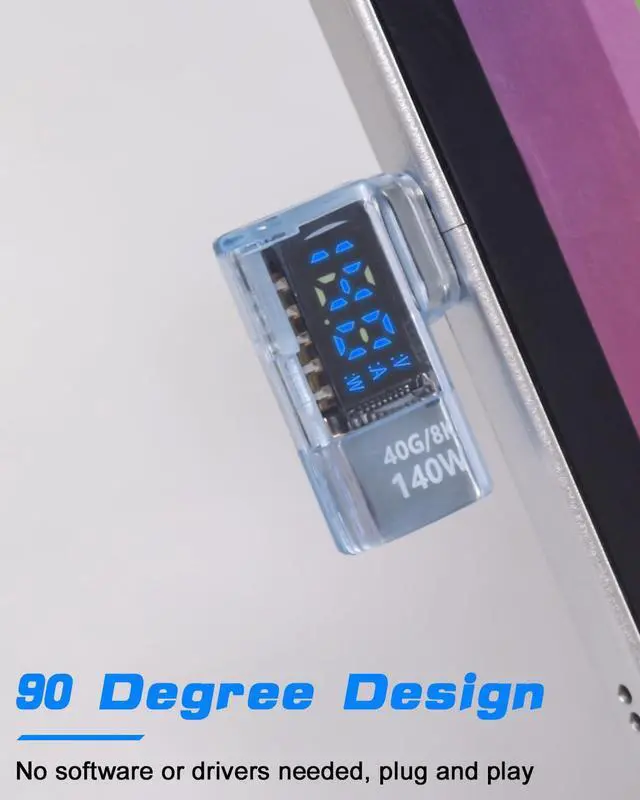 Alt view image 4 of 6 - Vszerda Right Angle USB C Adapter with Digital Display, 140W USB C Male to Female Adapter, 8K 40Gbps Type C to Type Connector with Voltage/Current/Power LED Display for MacBook, Phone,1-Pack