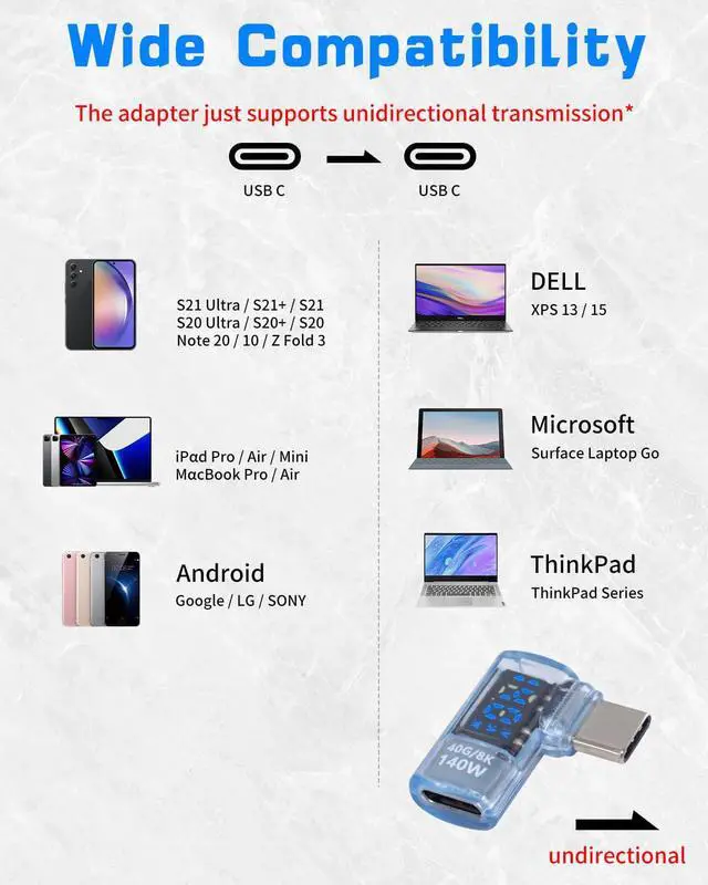 Alt view image 5 of 6 - Vszerda Right Angle USB C Adapter with Digital Display, 140W USB C Male to Female Adapter, 8K 40Gbps Type C to Type Connector with Voltage/Current/Power LED Display for MacBook, Phone,1-Pack