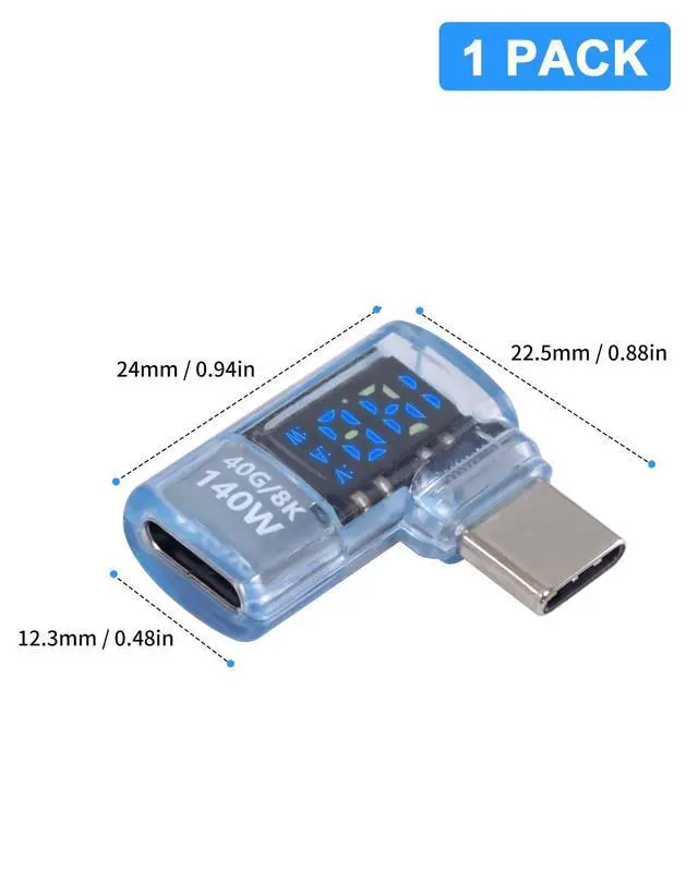 Alt view image 6 of 6 - Vszerda Right Angle USB C Adapter with Digital Display, 140W USB C Male to Female Adapter, 8K 40Gbps Type C to Type Connector with Voltage/Current/Power LED Display for MacBook, Phone,1-Pack