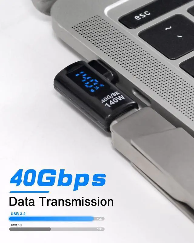 Alt view image 2 of 7 - Vszerda USB C Extension Adapter with LED Display, USB C Right Angle Adapter 40Gbps, Type C Extender 140W 8K@60hz for iPhone, MacBook, Support Voltage, Current & Power LED Display, 1-Pack