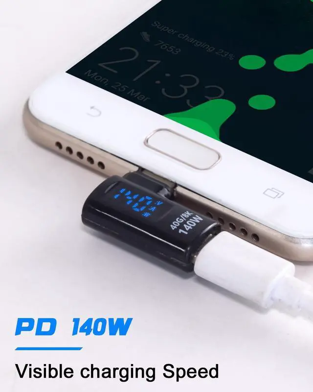 Alt view image 3 of 7 - Vszerda USB C Extension Adapter with LED Display, USB C Right Angle Adapter 40Gbps, Type C Extender 140W 8K@60hz for iPhone, MacBook, Support Voltage, Current & Power LED Display, 1-Pack