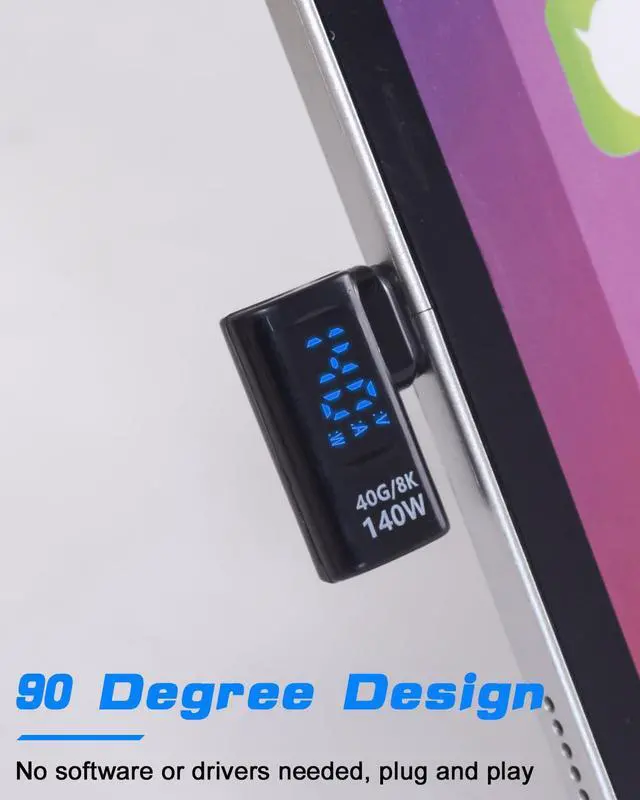 Alt view image 4 of 7 - Vszerda USB C Extension Adapter with LED Display, USB C Right Angle Adapter 40Gbps, Type C Extender 140W 8K@60hz for iPhone, MacBook, Support Voltage, Current & Power LED Display, 1-Pack