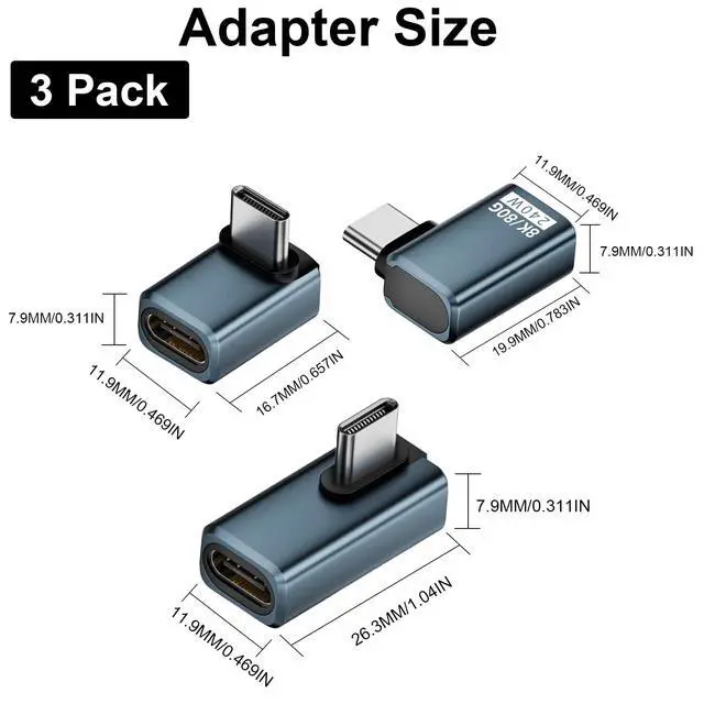 Alt view image 7 of 7 - Vszerda 90 Degree USB C Adapter240W Charging/ 80Gbps Data/ 8K@60Hz Video Right Angle USB C Adapter Thunderbolt 5 Type C Extender Compatible for Laptop, MacBook,iPhone 16, Steam Deck, 3-Pack