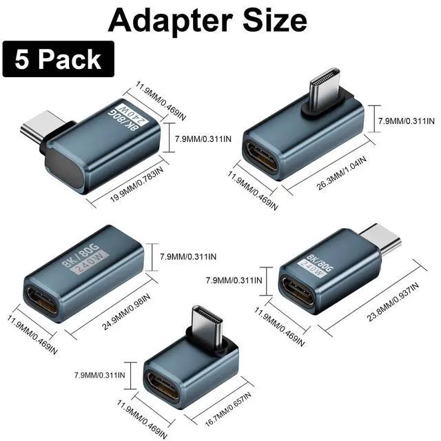 Alt view image 7 of 7 - Vszerda 80Gbps USB C 90 Degree Adapter240W Charging/ 8K@60Hz Video 90 Degree USB C Adapter Right Angle Type C Extender Compatible for Thunderbolt 5/4, iPhone 16, Steam Deck,5-Pack
