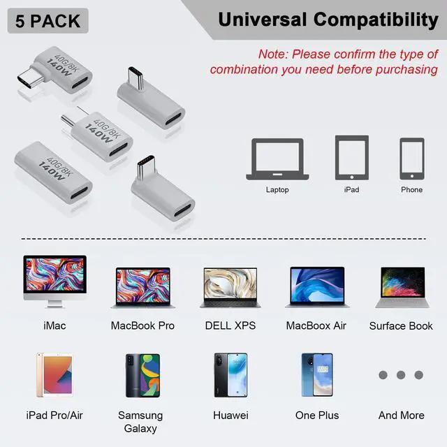 Alt view image 7 of 7 - Vszerda USB C Extension Adapter, 40Gbps Data, 140W Power, 8K Video, 90 Degree USB C Adapter Support for Thunderbolt Devices, Notebook, Tablet & Phone, in White, 5 Pack