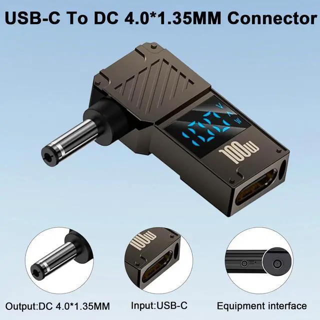 Alt view image 3 of 7 - Vszerda DC 4.0x1.35mm Power Plug, 1-Pack USB C Female to DC 4.0x1.35mm Adapter, 100W PD, 20V 5A, LED Digital Dispaly USB Type C to Laptop Charger Converter