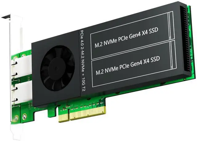 Main image of Vszerda ST5116 Dual M.2 PCIe Adapter with 2 x 10Gb RJ45 Port, PCIe 4.0 X8 Interface, Support PCIe Bifurcation, Setup Soft M.2 NVMe RAID via OS Tool