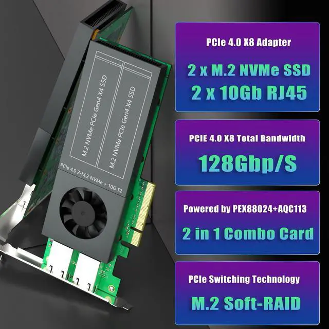 Alt view image 2 of 7 - Vszerda ST5116 Dual M.2 PCIe Adapter with 2 x 10Gb RJ45 Port, PCIe 4.0 X8 Interface, Support PCIe Bifurcation, Setup Soft M.2 NVMe RAID via OS Tool