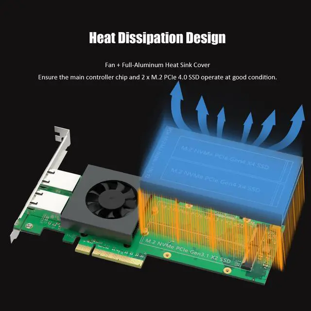 Alt view image 7 of 7 - Vszerda ST5116 Dual M.2 PCIe Adapter with 2 x 10Gb RJ45 Port, PCIe 4.0 X8 Interface, Support PCIe Bifurcation, Setup Soft M.2 NVMe RAID via OS Tool