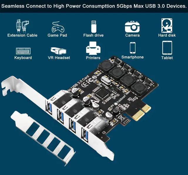 Alt view image 4 of 7 - Vszerda PCIE 4-Ports Superspeed 5Gbps USB 3.0 Expansion Card for Windows 11, 10, 8.x, 7, Vista, XP Desktop PCs, Built in FebSmart Self-Powered Technology, No Need Additional Power Supply (FS-U4L-Pro)