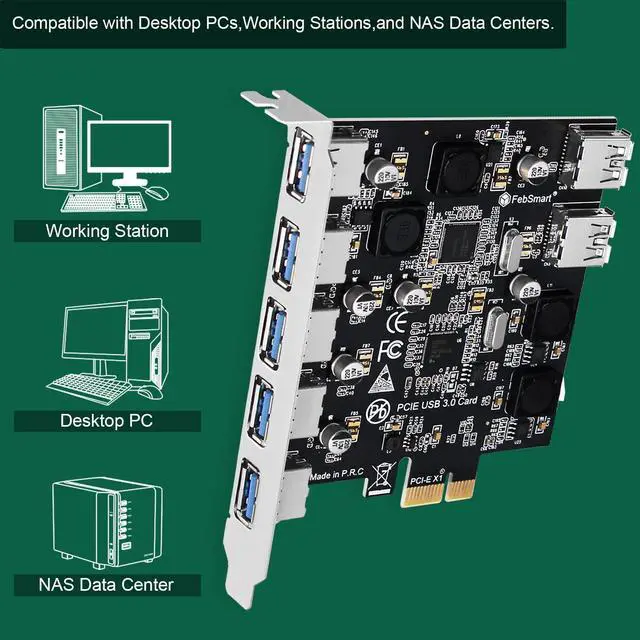 Alt view image 5 of 7 - Vszerda 7-Ports Superspeed 5Gbps PCIE USB 3.0 Expansion Card for Windows 11, 10, 8.x, 7, Vista, XP Desktop PCs, Built in FebSmart Self-Powered Technology, No Need Additional Power Supply (FS-U7-Pro)