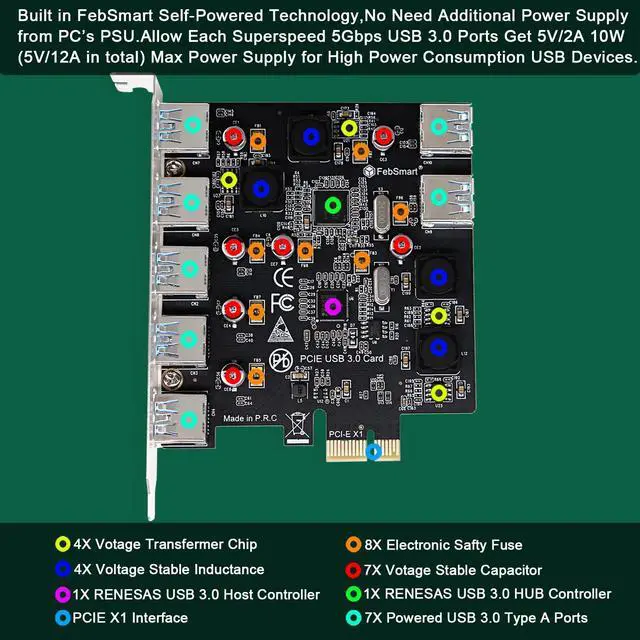 Alt view image 3 of 7 - Vszerda 7-Ports Superspeed 5Gbps PCIE USB 3.0 Expansion Card for Windows 11, 10, 8.x, 7, Vista, XP Desktop PCs, Built in FebSmart Self-Powered Technology, No Need Additional Power Supply (FS-U7-Pro)