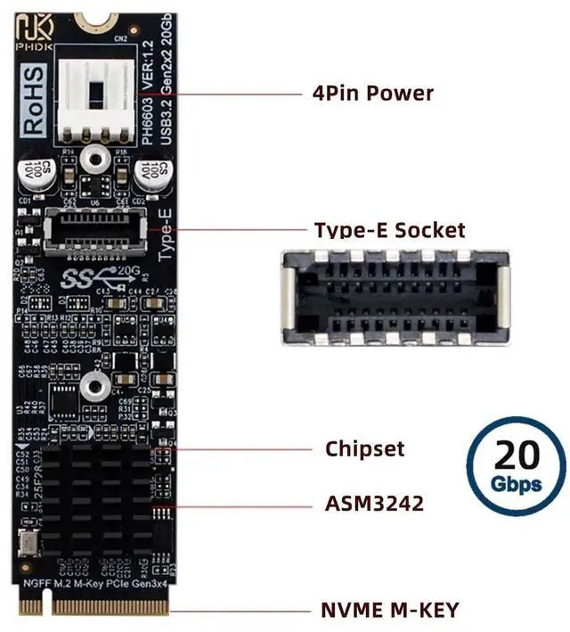 Alt view image 2 of 7 - Vszerda 20Gbps Type-E USB 3.1 Front Panel IDC Socket to NVME NGFF M-Key Express Card Adapter ASM3242 Chipset for Motherboard