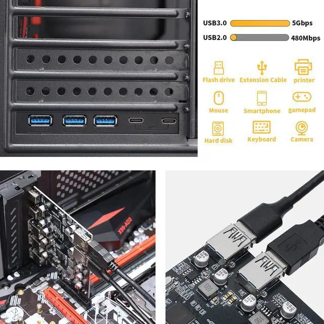 Alt view image 5 of 6 - Vszerda PCIe to USB 3.0 5X USB-A and 2X USB-C Ports Expansion Card,PCI Express Internal USB 3 Hub Converter for Desktop PCS Riser Card