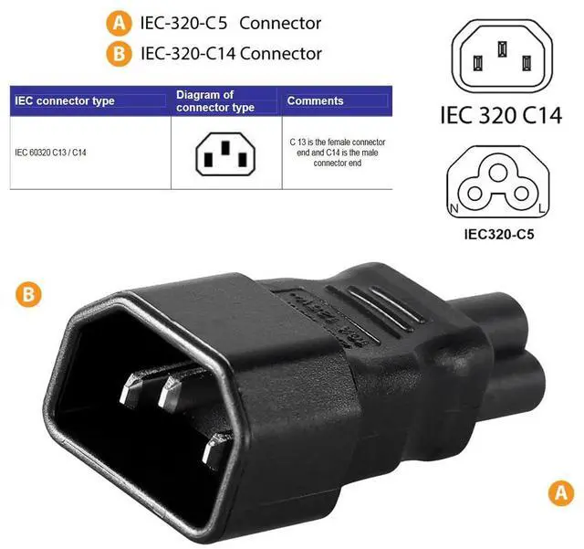 Alt view image 3 of 7 - Vszerda IEC60320 C14 Male to C5 Female 3Pole Power Extension Adapter AC Convertor Straight Connector