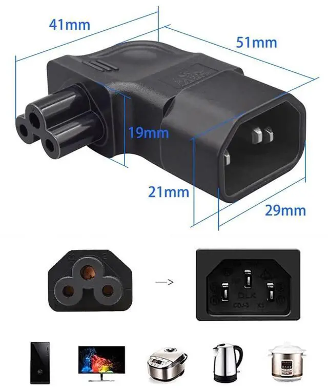 Alt view image 3 of 7 - Vszerda IEC60320 C14 Male to C5 Female 3Pole Power Extension Adapter AC Convertor Right Angled 90 Degree Connector