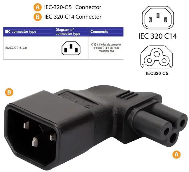 Alt view image 6 of 7 - Vszerda IEC60320 C14 Male to C5 Female 3Pole Power Extension Adapter AC Convertor Right Angled 90 Degree Connector