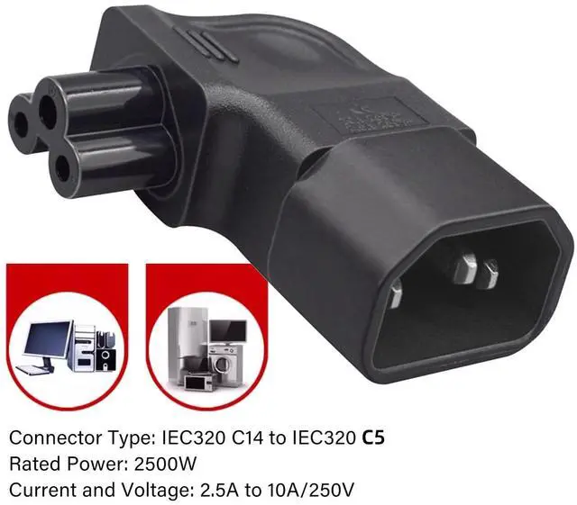Alt view image 7 of 7 - Vszerda IEC60320 C14 Male to C5 Female 3Pole Power Extension Adapter AC Convertor Right Angled 90 Degree Connector