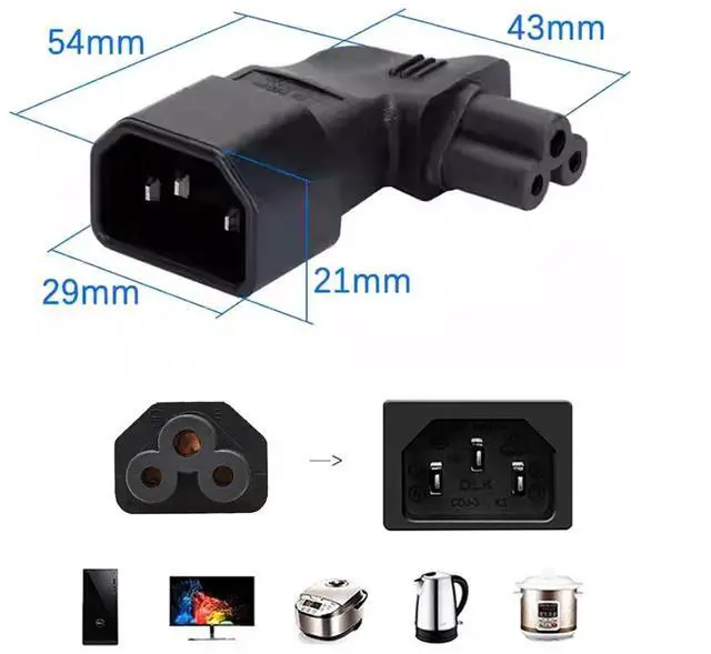 Alt view image 2 of 7 - Vszerda IEC60320 C14 Male to C5 Female Power 3Pole Extension Adapter AC Convertor Left Angled 90 Degree Connector