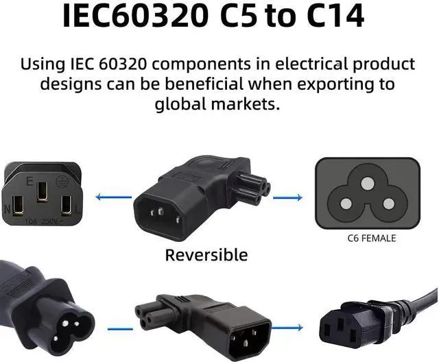 Alt view image 5 of 7 - Vszerda IEC60320 C14 Male to C5 Female Power 3Pole Extension Adapter AC Convertor Left Angled 90 Degree Connector