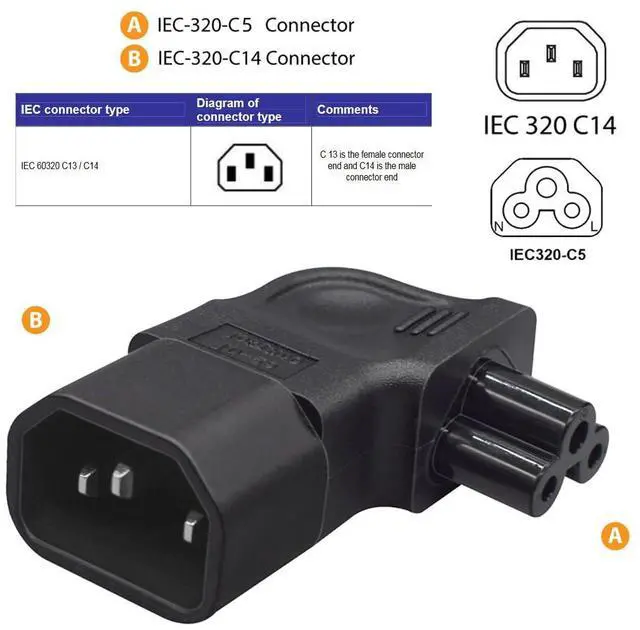 Alt view image 6 of 7 - Vszerda IEC60320 C14 Male to C5 Female Power 3Pole Extension Adapter AC Convertor Left Angled 90 Degree Connector