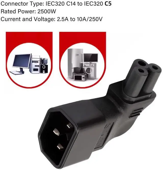 Alt view image 7 of 7 - Vszerda IEC60320 C14 Male to C5 Female Power 3Pole Extension Adapter AC Convertor Left Angled 90 Degree Connector