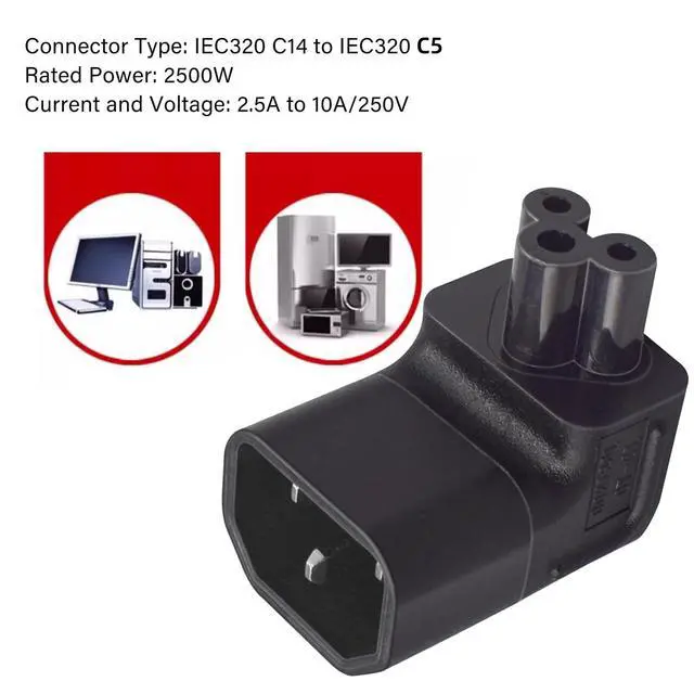 Alt view image 7 of 7 - Vszerda IEC60320 C14 Male to C5 Female 3Pole Power Extension Adapter AC Convertor Down Angled 90 Degree Connector