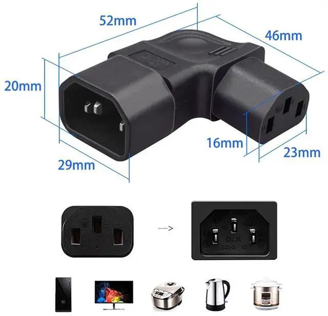 Alt view image 3 of 7 - Vszerda IEC60320 C14 Male to C13 Female Power Extension Adapter AC Convertor Left Angled 90 Degree Connector