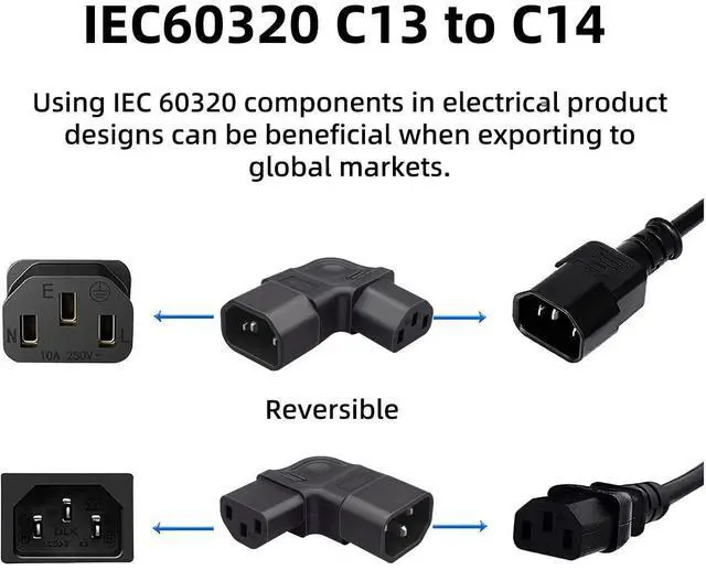 Alt view image 5 of 7 - Vszerda IEC60320 C14 Male to C13 Female Power Extension Adapter AC Convertor Left Angled 90 Degree Connector