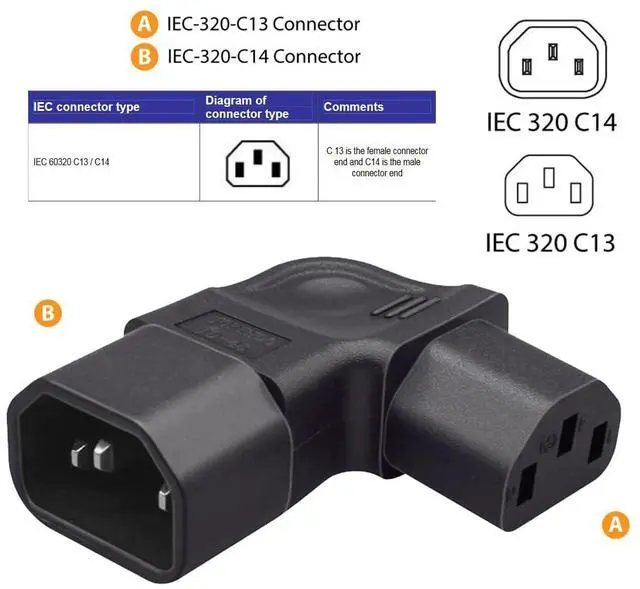 Alt view image 6 of 7 - Vszerda IEC60320 C14 Male to C13 Female Power Extension Adapter AC Convertor Left Angled 90 Degree Connector