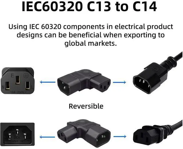 Alt view image 5 of 7 - Vszerda IEC60320 C14 Male to C13 Female Power Extension Adapter AC Convertor Right Angled 90 Degree Connector