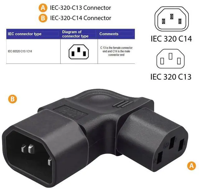 Alt view image 6 of 7 - Vszerda IEC60320 C14 Male to C13 Female Power Extension Adapter AC Convertor Right Angled 90 Degree Connector