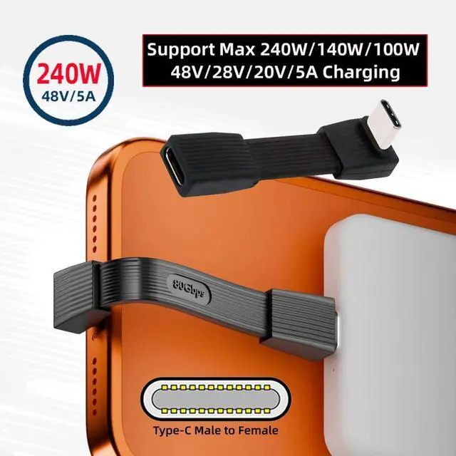 Alt view image 4 of 7 - Vszerda USB5.0 80Gbps Flat Slim FPC Male to Female USB-C Type-C Extension Cable Up Angled 90 Degree 240W 16K 8K 60Hz 5K Compatible with 40Gbps USB4.0 Thunderbolt3/4/5 (51mm)