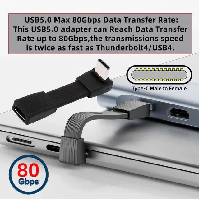 Alt view image 3 of 7 - Vszerda USB5.0 80Gbps Flat Slim FPC Male to Female USB-C Type-C Extension Cable Up Angled 90 Degree 240W 16K 8K 60Hz 5K Compatible with 40Gbps USB4.0 Thunderbolt3/4/5 (51mm)